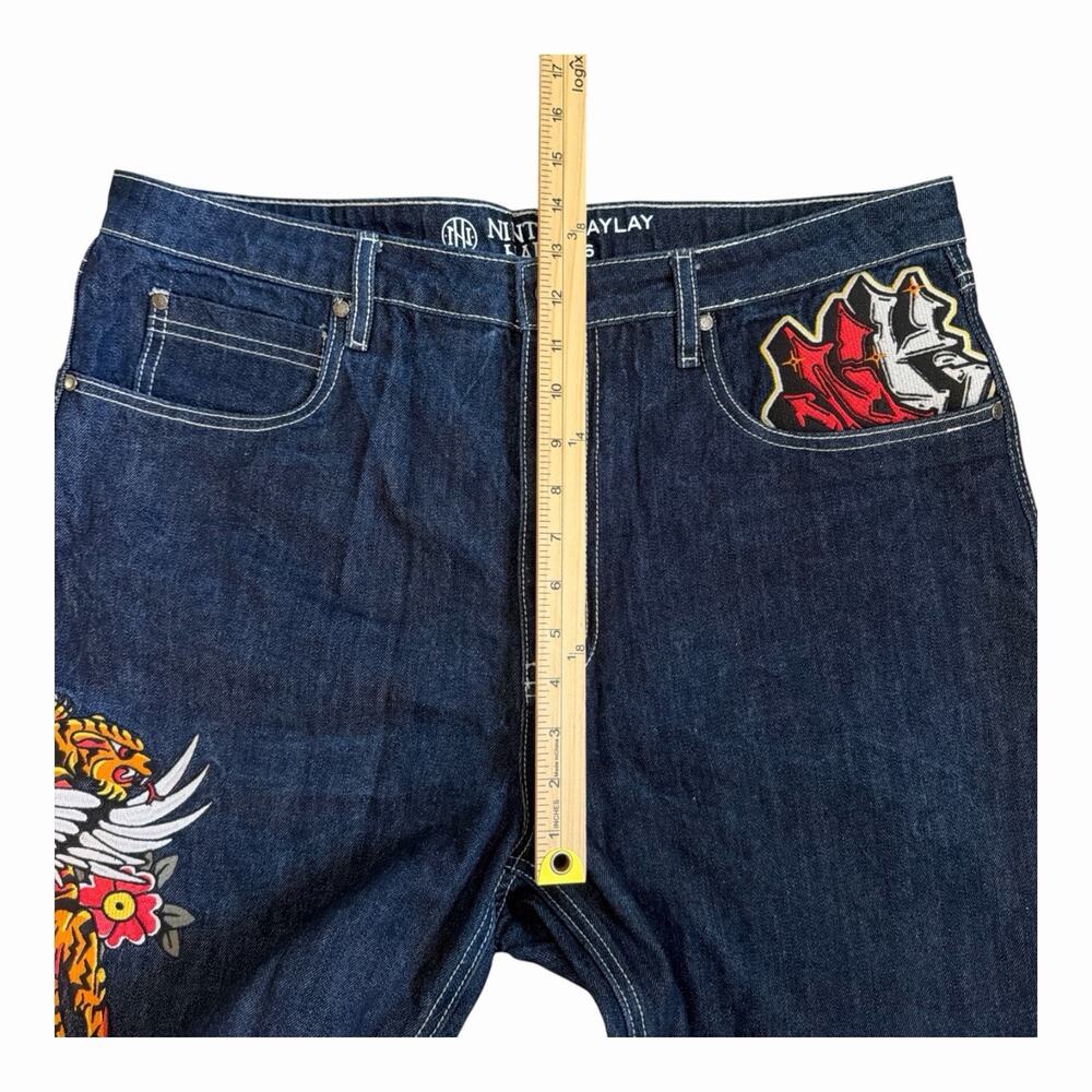 Ninth Hall Waylay Denim Shorts Men 36 Tiger Rose Embroidery Jorts Y2K Streetwear - Picture 8 of 10